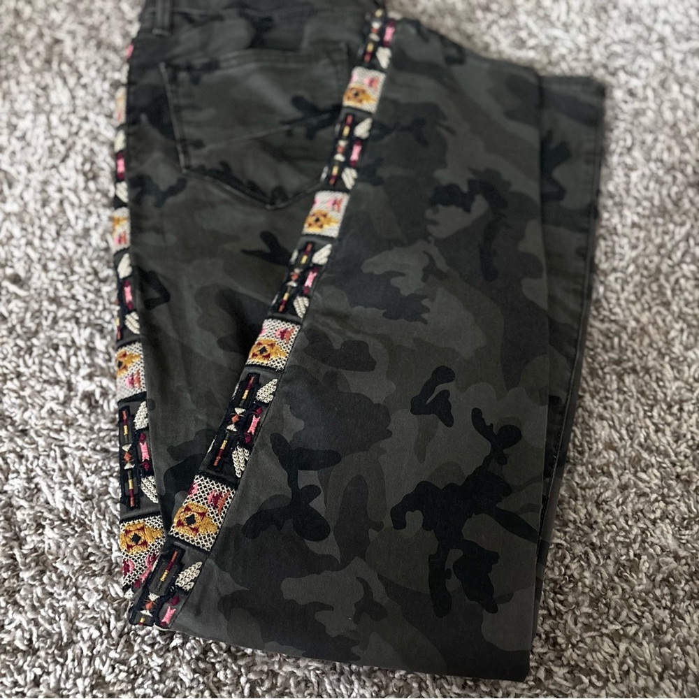 DRIFTWOOD High Rise Camouflage Jeans with Red and Orange Trim - Picture 6 of 14